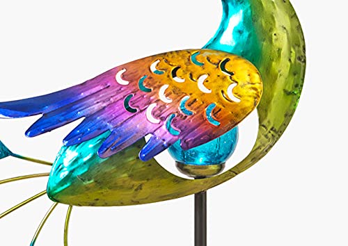 Set of 2 Hand Blown Glass and Metal Peacocks Solar Operated Lighted Yard Stakes, Garden Art 45.5 Inches High with Lighted Crackle Glass Ball Body and Jeweled Tail Feathers and Automatic Night Lighting