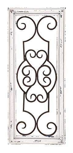 Enterprise Wood Metal Decorative Wall Panel, 24.25 Inches High x 10.25 Inches Wide, Ivory Off-White Distressed Finish with Black Metal Scroll Work Design off-white, black