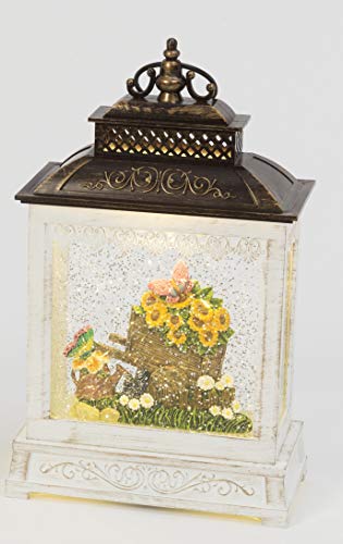 Butterflies in The Garden Lighted Water Lantern with Timer, Battery Operated, 10.5 Inches High, Antique White and Bronze, Snow Globe with Swirling Glittered Effect