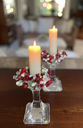 Crystal and Pearlized Berry Faceted Red, White and Cream Berry Christmas Candle Ring, 4 Inches, Glass Coated Artificial Berries for Taper Candlestick Candle or Votive Candleholder