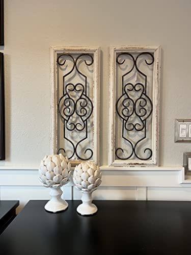 TenWaterloo Set of 2 Wood Metal Decorative Wall Panels, 24.25 Inches High x 10.25 Inches Wide Each, Ivory Off-White Distressed Finish with Black Metal Scroll Work Design