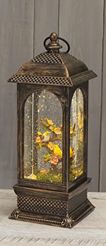 Songbirds and Flower Blossoms Water Lantern, Battery Operated with Timer - 11" High Garden Songbirds on Branches and Flowers Water Scene Lighted Water Lantern with Swirling Glittered Effect