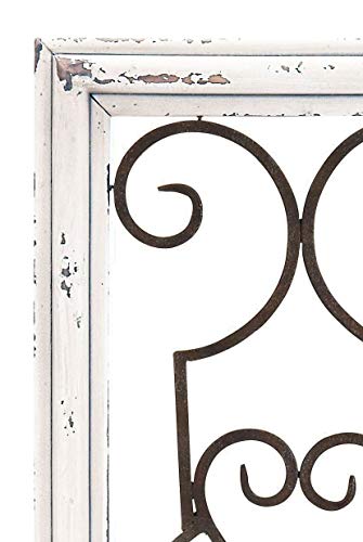 Enterprise Wood Metal Decorative Wall Panel, 24.25 Inches High x 10.25 Inches Wide, Ivory Off-White Distressed Finish with Black Metal Scroll Work Design off-white, black