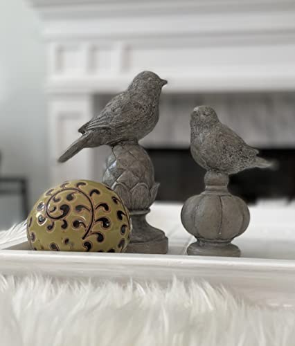 Set of 2 Decorative Bird Figurines on Finial Pedestals, 7 and 8 Inches High, Bird Statues