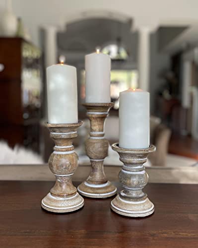 UMA Enterprises Wood Candle Holder Set of 3 in Natural Wood with White Accent, 6, 8 & 9.75 Inches High, Set of 3 Turned Wood Pillar Candle Holders, Tan White