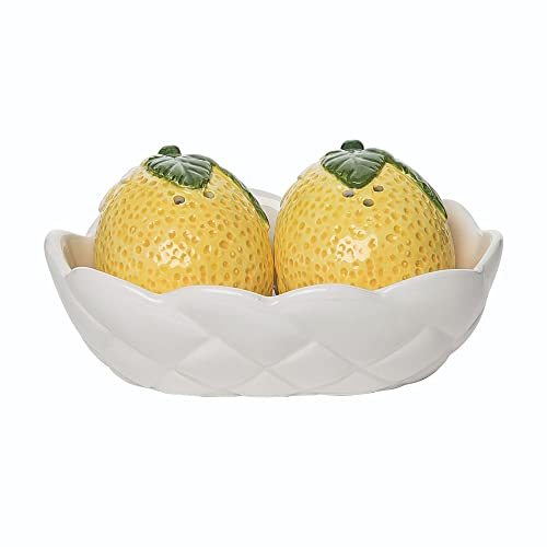 Ceramic Lemons in a Lattice Basket Salt and Pepper Shaker Set, Salt and Pepper Shaker Set of 3, White and Yellow, 5 Inches x 3 Inches