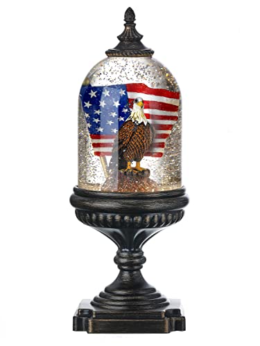 Patriotic Water Lantern with American Eagle and American Flag, Battery Operated or USB with Timer, Lighted Water Lantern Snow Globe with Swirling Glittered Effect, 12.5 " High - Red, White and Blue
