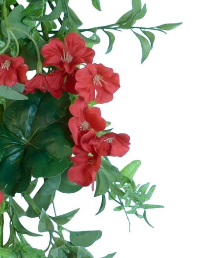 DE 25 Inch Artificial Geranium Teardrop Swag, Summer Blooms Faux Floral Teardrop Swag - Artificial Floral in Red and Green