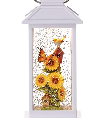 Spring Decorative Candle Water Lantern with Sunflowers, Bird and Butterfly, Battery Operated with Timer or USB - 11'' Garden Scene Lighted Water Lantern with Bird, White and Yellow