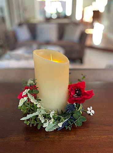 Spring and Summer Artificial Floral Pillar Candle Ring with Red Poppy, Salvia and Daisy Blooms, 8.5 inches x 2 inches, Candle Holder for Pillar Candles and Glass Hurricanes