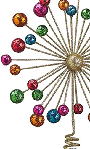 11.5 Inch Starburst Christmas Tree Topper, Multi-Colored Mid Century Modern Design, Gold with Multi-Colored Glittery Balls
