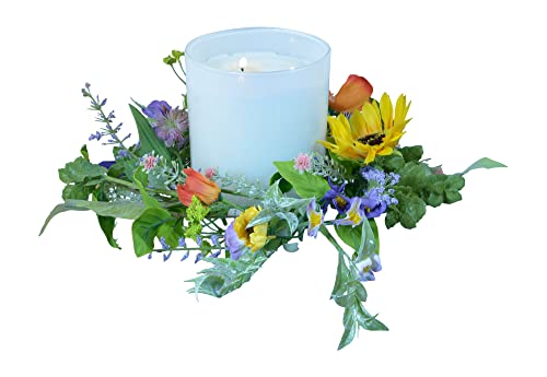 10 Inch Garden Blooms and Blossoms Candle Ring - Artificial Floral Yellow, Orange, Purple and Pink Blossoms, Faux Sunflower and Poppy with Spring and Summer Blossoms