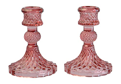 Set of 2 Pink Cut Glass Candlestick Holders, 4.25 inches High, Vintage Look Glass Candle Holders