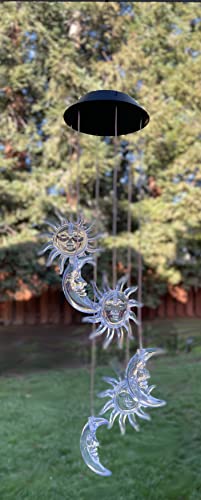Solar Lighted Color Changing Sun and Moon Wind Chime with Rechargeable and Replaceable Battery - Clear Acrylic with Softly Changing Lights in Blue, Yellow, Green and Red - 27.5 Inches Long