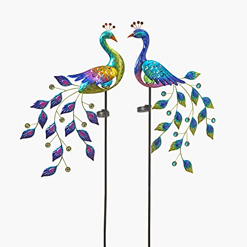 Set of 2 Hand Blown Glass and Metal Peacocks Solar Operated Lighted Yard Stakes, Garden Art 45.5 Inches High with Lighted Crackle Glass Ball Body and Jeweled Tail Feathers and Automatic Night Lighting