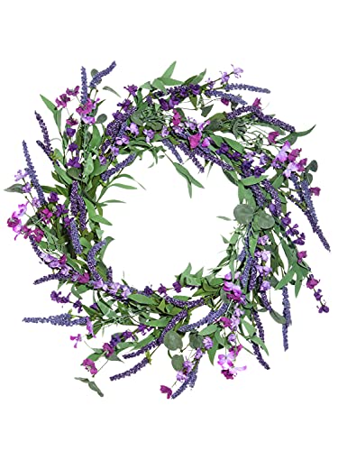 20 Inch Dried Floral Look Artificial Lavender, Eucalyptus and Purple Floral Wreath for Spring and Summer Décor