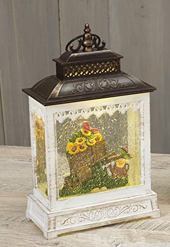 Butterflies in The Garden Lighted Water Lantern with Timer, Battery Operated, 10.5 Inches High, Antique White and Bronze, Snow Globe with Swirling Glittered Effect