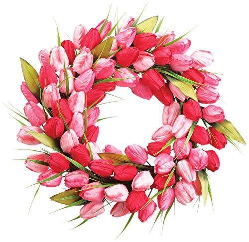 Allstate 18 Inch Artificial Tulip Wreath in Pink, Rose and Red on a Hand Tied Twig Base, Spring and Summer Front Door Wreath