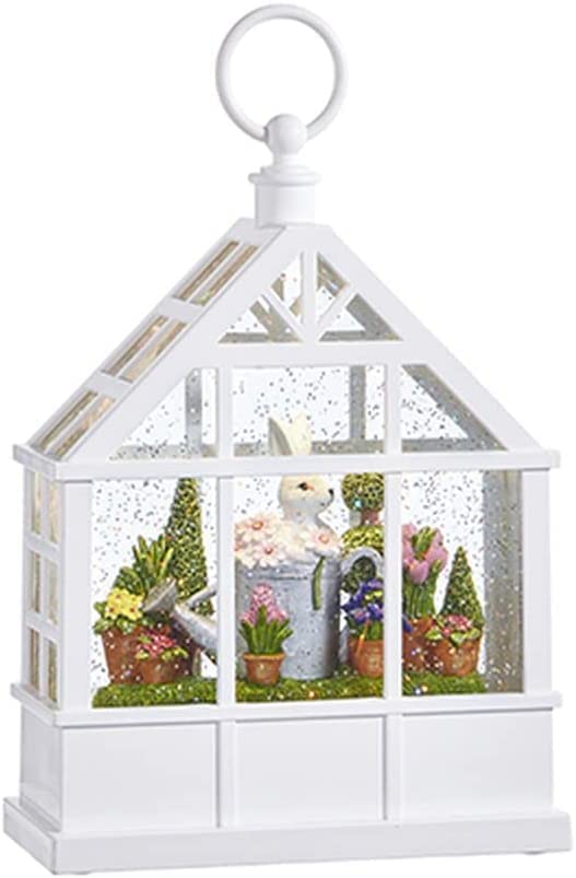 Lighted White Gazebo Water Lantern with Bunny Amid Flowers and Plants with Swirling Glittered Water Effect, Easter Lighted Water Lantern with Timer, 9.5 inches, Battery Operated
