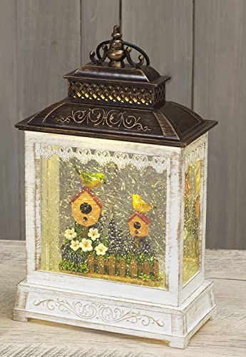 Birds in The Garden Lighted Water Lantern with Timer, Battery Operated, 10.5 Inches High, Antique White and Bronze, Snow Globe with Swirling Glittered Effect