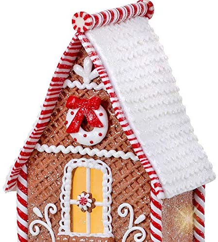 TenWaterloo Set of 2 Large Lighted Gingerbread Peppermint Candy House with Timers in Clay Dough Resin with Frosted Snow Look, Battery Operated, 17 Inches High Each
