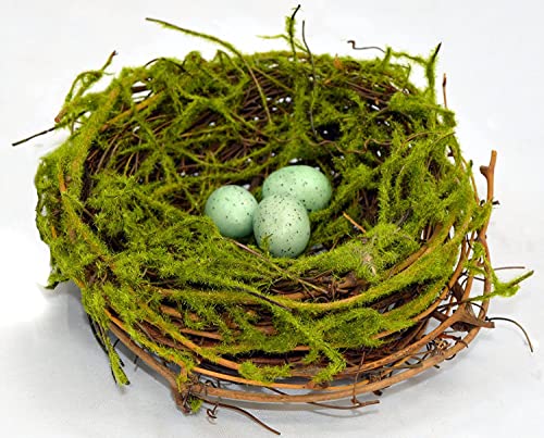 6 Inch Decorative Mossy Artificial Bird's Nest with Green Colored Eggs - Faux Eggs with Natural Twigs - Spring and Easter Décor, 6 Inches Wide, Floral Accessory