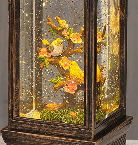 Songbirds and Flower Blossoms Water Lantern, Battery Operated with Timer - 11" High Garden Songbirds on Branches and Flowers Water Scene Lighted Water Lantern with Swirling Glittered Effect