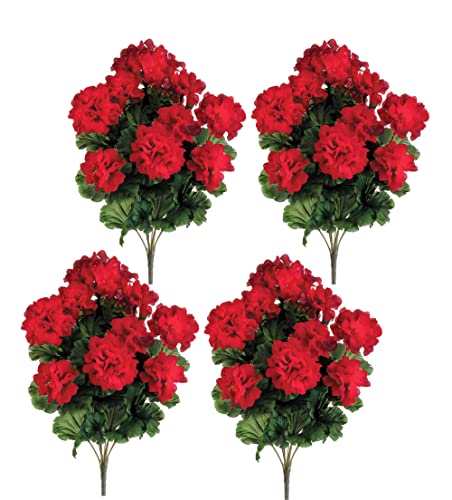 TenWaterloo 17" Silk Geranium Flower Bushes - Set of 4 - Red, Artificial Red Geranium Bush Flowers