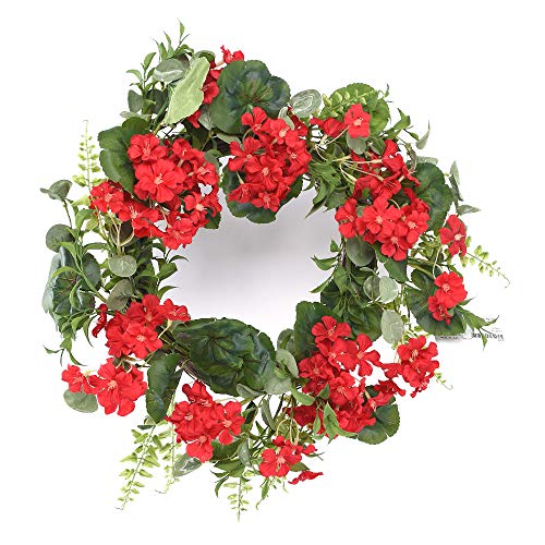 24 Inch Red Geranium Wreath on Hand Tied Twig Base, Artificial Floral, Spring and Summer Front Door Wreath