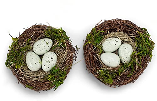 TenWaterloo Bird Nests with Eggs, Spring and Easter Décor, 6 Inches Wide, Set of 2, Artificial Floral with Blue Eggs, Twigs and Green Moss Accent