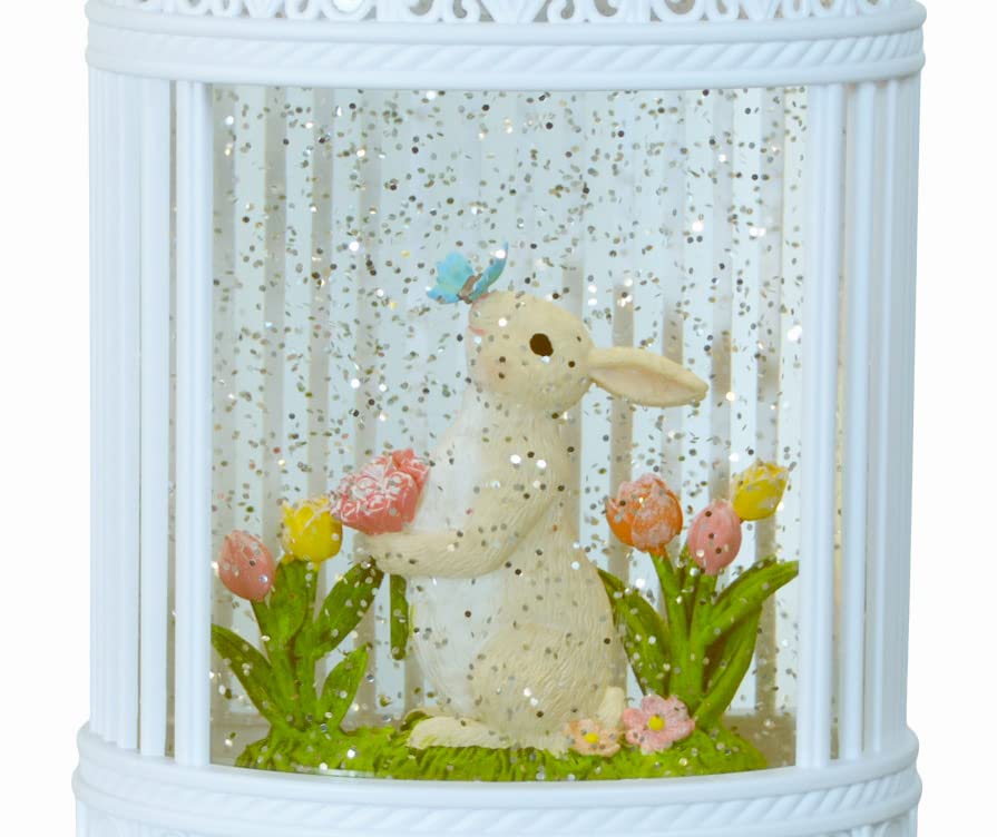 White Water Lantern with Easter Rabbit and Flowers, Battery Operated with Timer - 11.5" High Bunny and Butterfly Water Scene Lighted Water Lantern with Swirling Glittered Effect