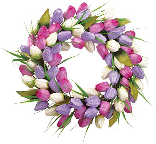 Allstate 18 Inch Artificial Tulip Wreath in Lavender, Cream and Purple on a Hand Tied Twig Base, Spring and Summer Front Door Wreath