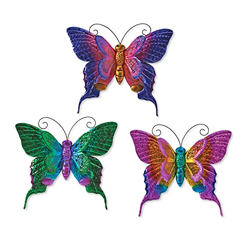 Set of 3 Metal and Glass Butterfly Wall Sculpture Art, 17 Inches x 16 Inches Each in Greens and Blues with Magenta
