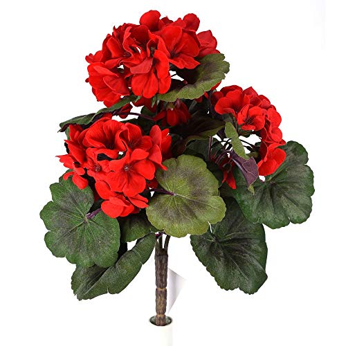 14 Inch High Artificial Red Geranium Flower Bush with 3 Blossom Heads