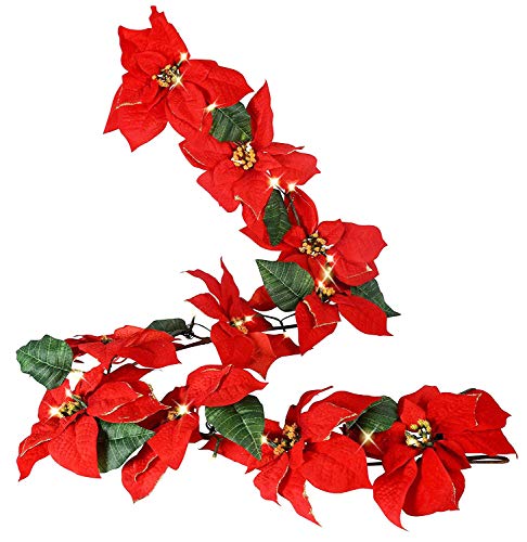 6 Foot Gold Tipped Poinsettia Christmas Garland with 36 LED Lights - Battery Operated with Timer - Artificial Poinsettia