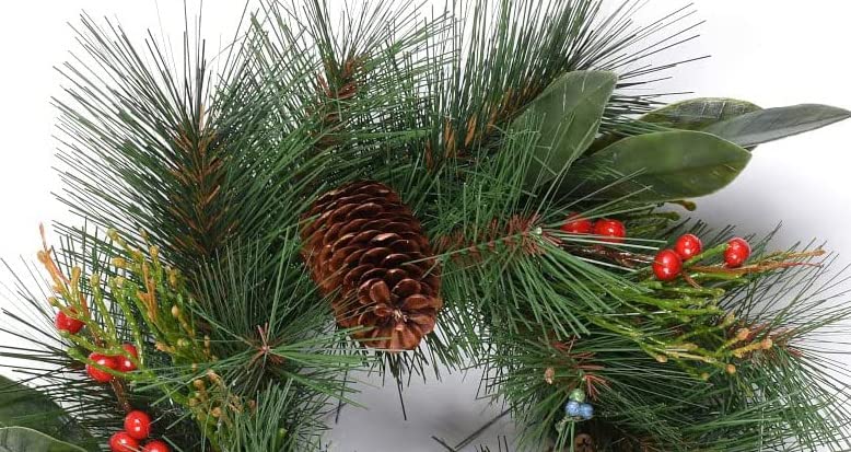 Mixed Pine Pillar Candle Ring with Pine Cones and Red Berries, 11 Inches Diameter, Artificial Pine, Candle Holder Ring