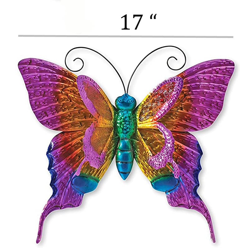 Set of 3 Metal and Glass Butterfly Wall Sculpture Art, 17 Inches x 16 Inches Each in Greens and Blues with Magenta