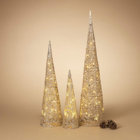 Set of 3 Lighted Gold Glittered Christmas Cone Trees 32 Inches, 24 Inches and 16 Inches High- Battery Operated with Steady or Blinking Functions