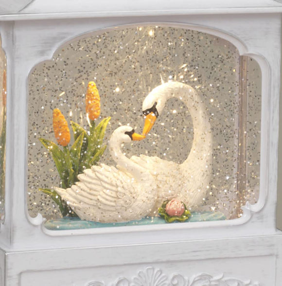 Water Lantern with Loving Swans and Flowers, Battery Operated with Timer - 11" High Swan and Water Scene Lighted Water Lantern with Swirling Glittered Effect