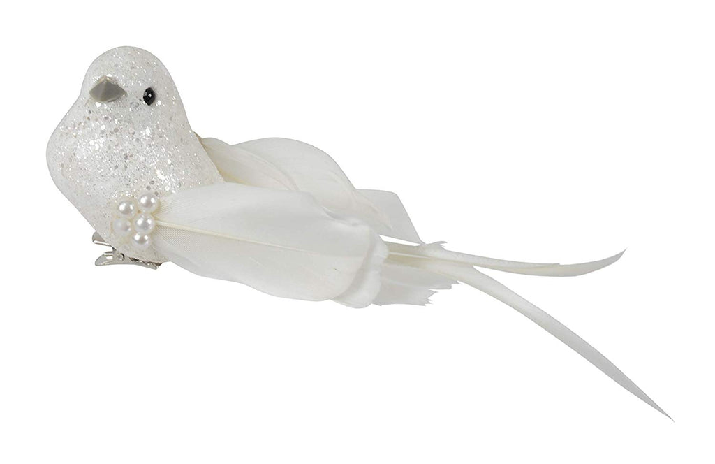 Set of 12 White Jeweled Christmas Birds 6 inches - Sparkled Winter Wrens with Clips and Pearls