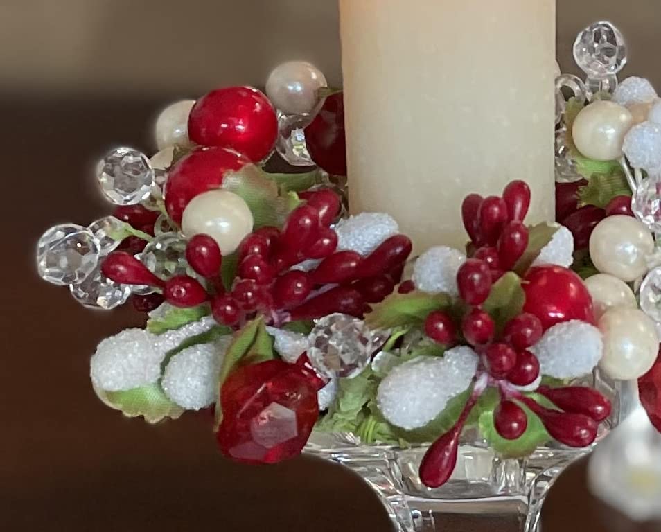 Crystal and Pearlized Berry Faceted Red, White and Cream Berry Christmas Candle Ring, 4 Inches, Glass Coated Artificial Berries for Taper Candlestick Candle or Votive Candleholder