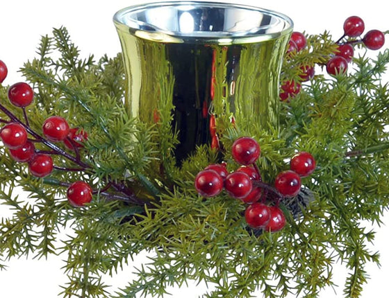 Gold Christmas Glass Hurricane Centerpiece Candle Holder with Red Berries and Pine, Artificial Floral Christmas Centerpiece 4 Inches High x 10 Inches Wide