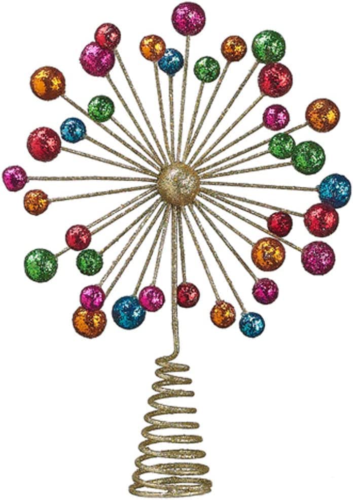 11.5 Inch Starburst Christmas Tree Topper, Multi-Colored Mid Century Modern Design, Gold with Multi-Colored Glittery Balls