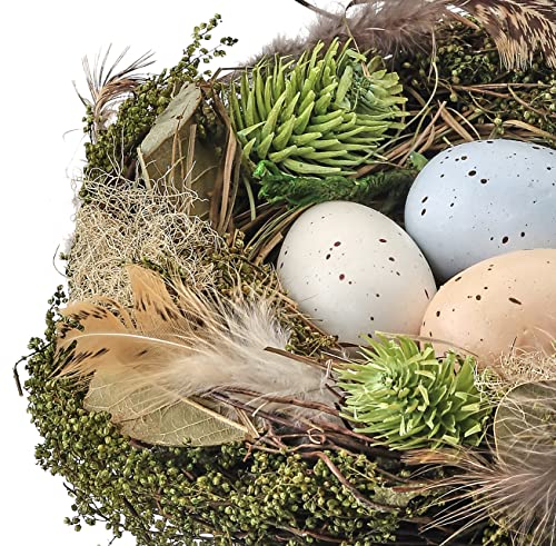 6 Inch Decorative Mossy Artificial Bird's Nest with Cream, Blue and Natural Colored Eggs with Feathers and Greenery- Faux Eggs with Natural Twigs - Spring and Easter Décor, Artificial Flowers