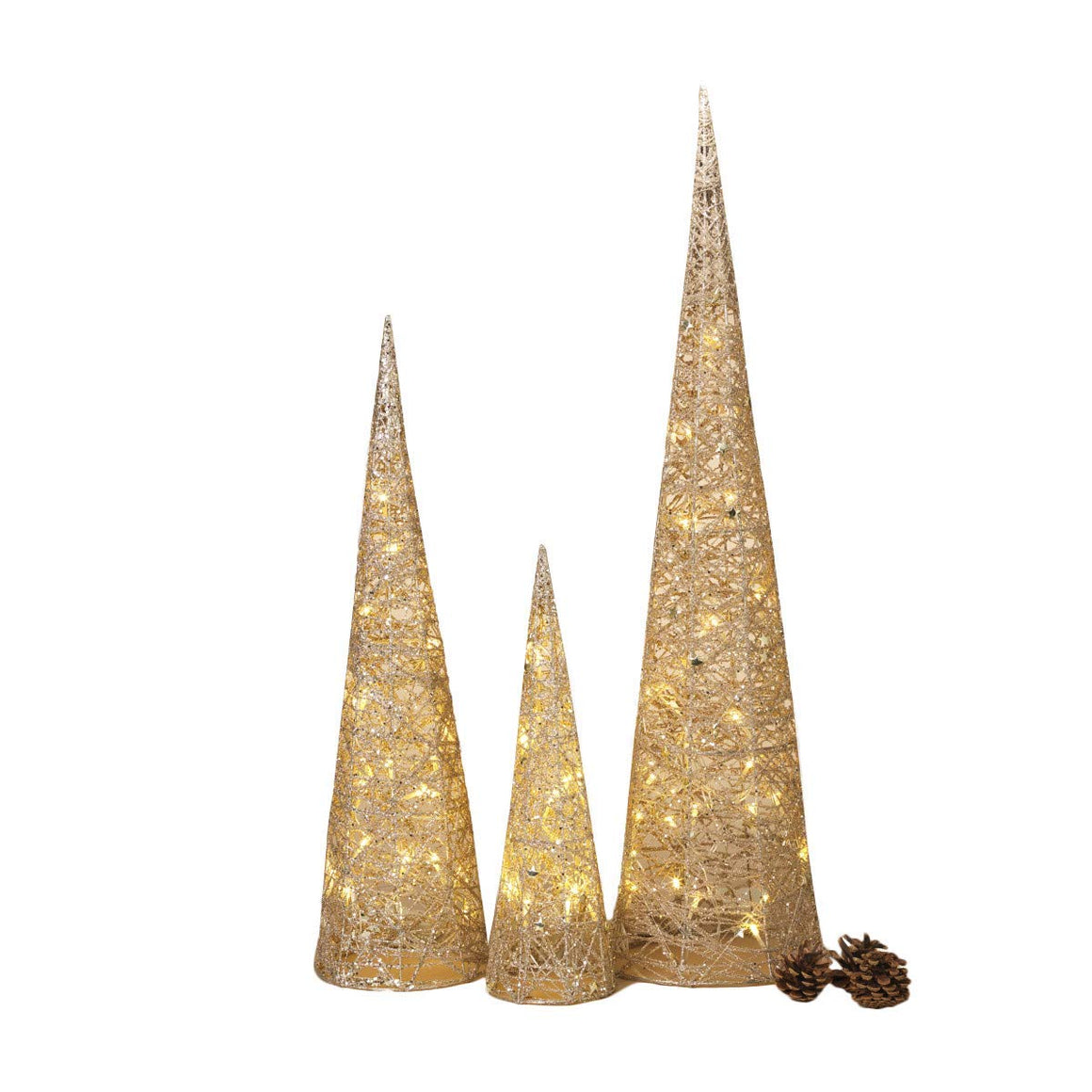 Set of 3 Lighted Gold Glittered Christmas Cone Trees 32 Inches, 24 Inches and 16 Inches High- Battery Operated with Steady or Blinking Functions