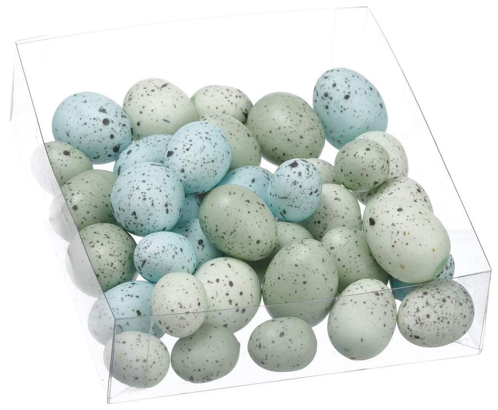 Ten Waterloo Small Artificial Bird Eggs, 36 Pieces.75 to 1.25 Inches Long, Soft Blue and Green Speckled Eggs