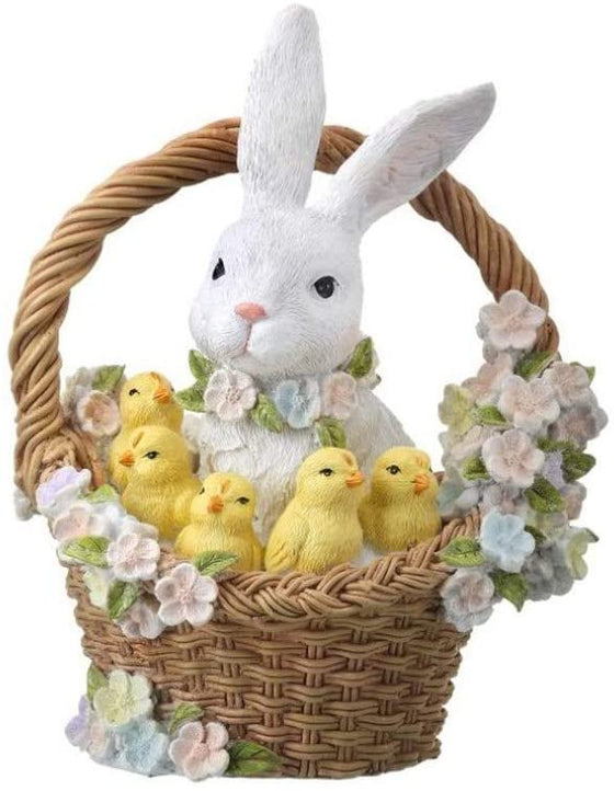 Regency International Bunny and Chicks in Flower Basket Figurine, 9.25 inches, Pastel, Resin