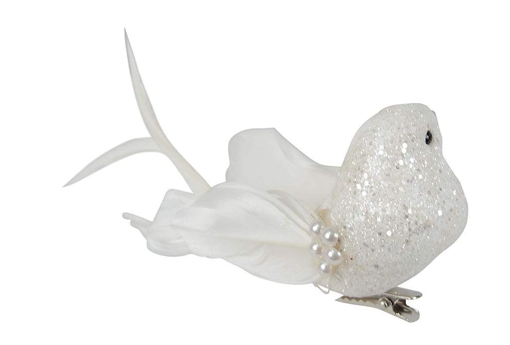 Set of 12 White Jeweled Christmas Birds 6 inches - Sparkled Winter Wrens with Clips and Pearls