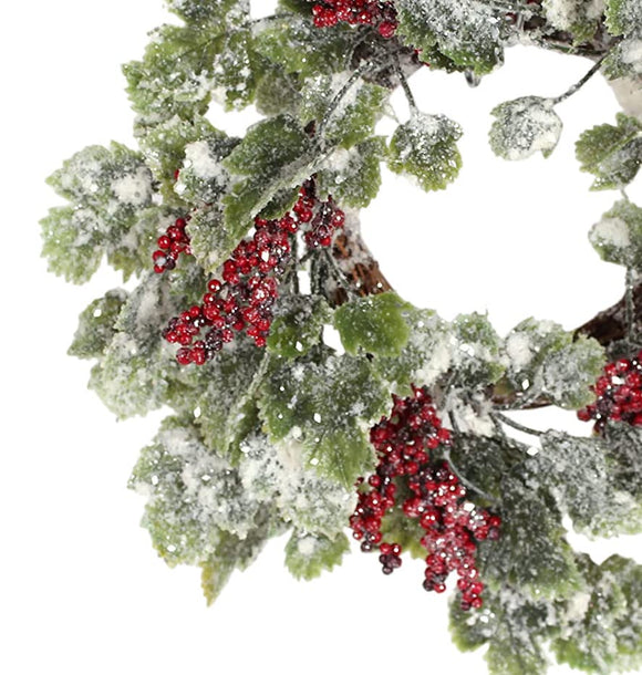RIBC 12 Inch Snow Sparkled Christmas Ivy Pillar Candle Holder Ring with Red Berries, Artificial Floral