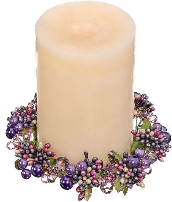 6 Inch Spring Crystal and Pearlized Berry Candle Ring, Holds 3.75 Inch Pillar Candle - Green, Purple, White, Rose